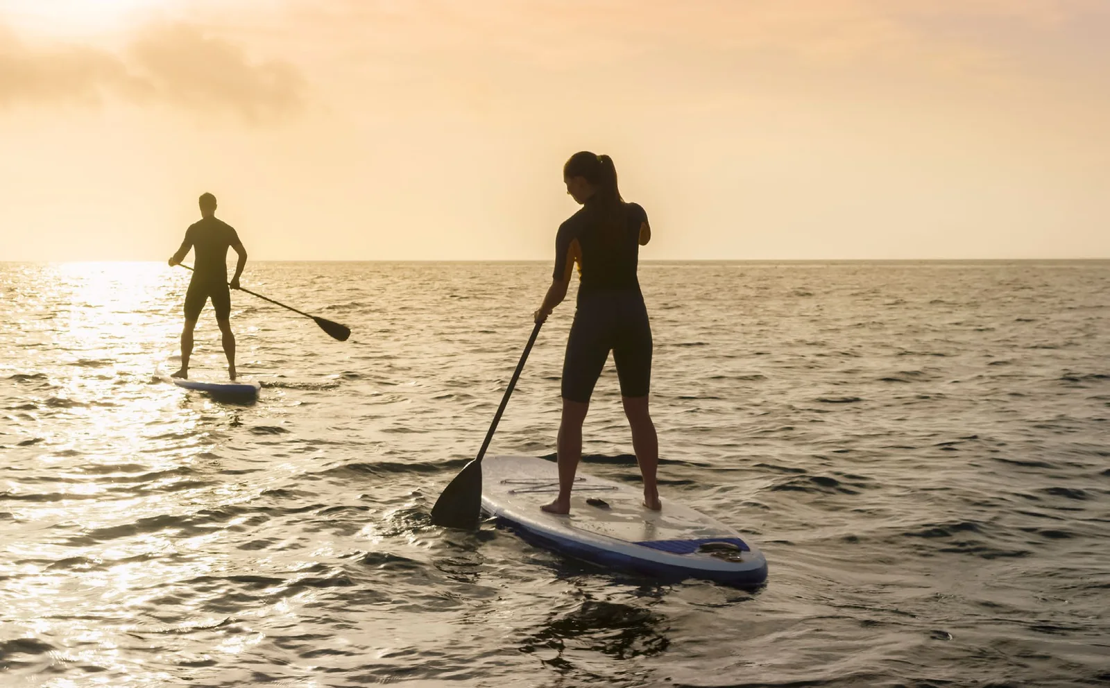 Residents paddleboarding at sunset