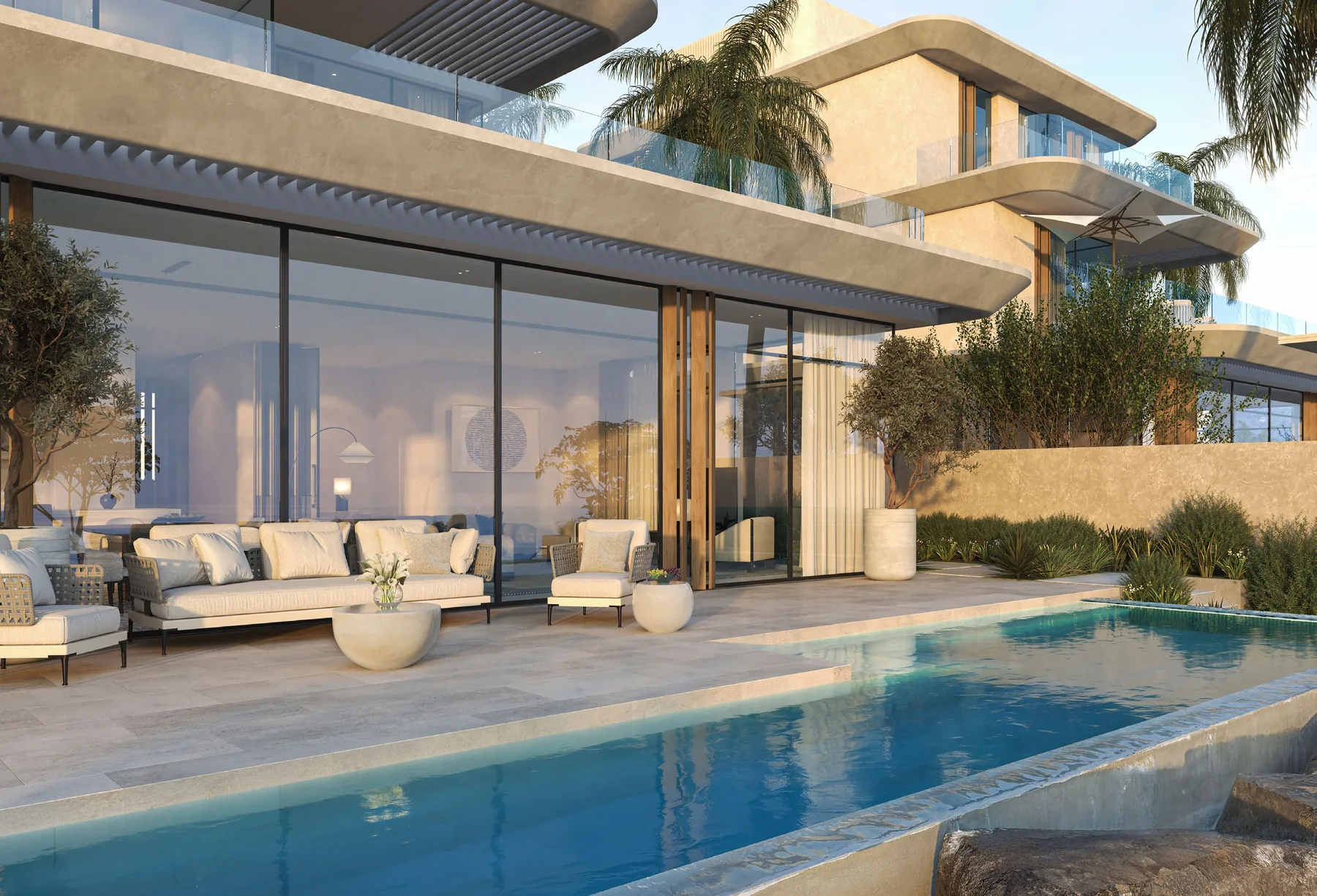 Villa terrace and pool overlooking the water